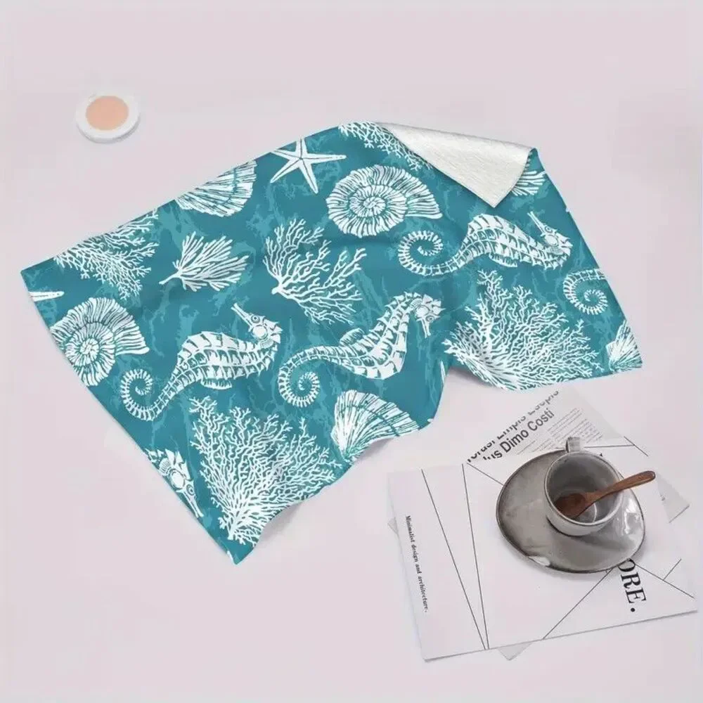 Nautical Sea Life Seahorse Kitchen Dish Towels 2pc Blue White 16 x 24-inch Gift